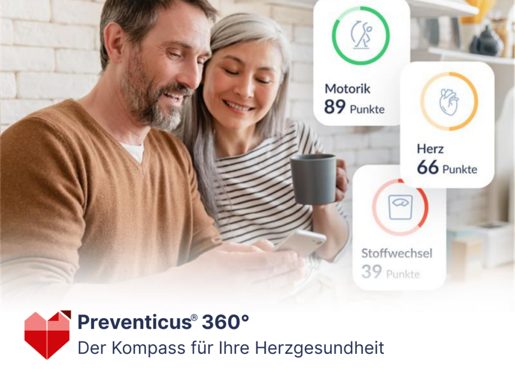 Preventicus Logo mit Elementen vom Preventicus Coach. Zwei Menschen schauen auf ein Handy.