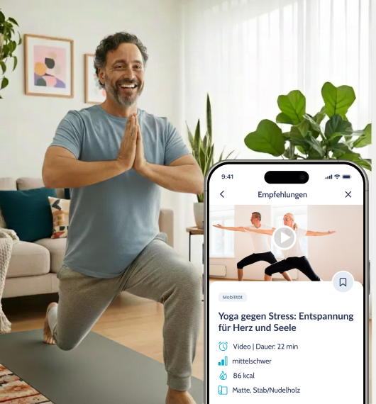 Person macht Yoga-Übung mit Preventicus 360° Empfehlung auf dem Smartphone