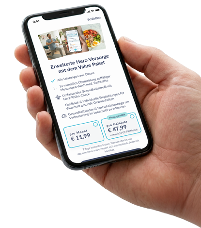 Hand hält Smartphone mit Preventicus App und Abo-Auswahl