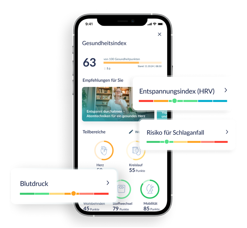 Smartphone mit Preventicus 360° Gesundheitsindex und Risikowerten