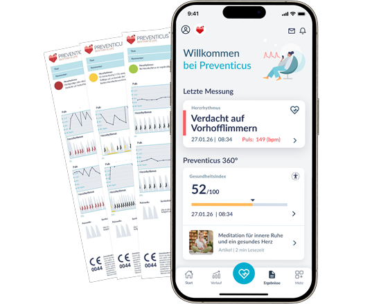 Smartphone mit Preventicus Heartbeats App und Hinweis auf mögliches Vorhofflimmern