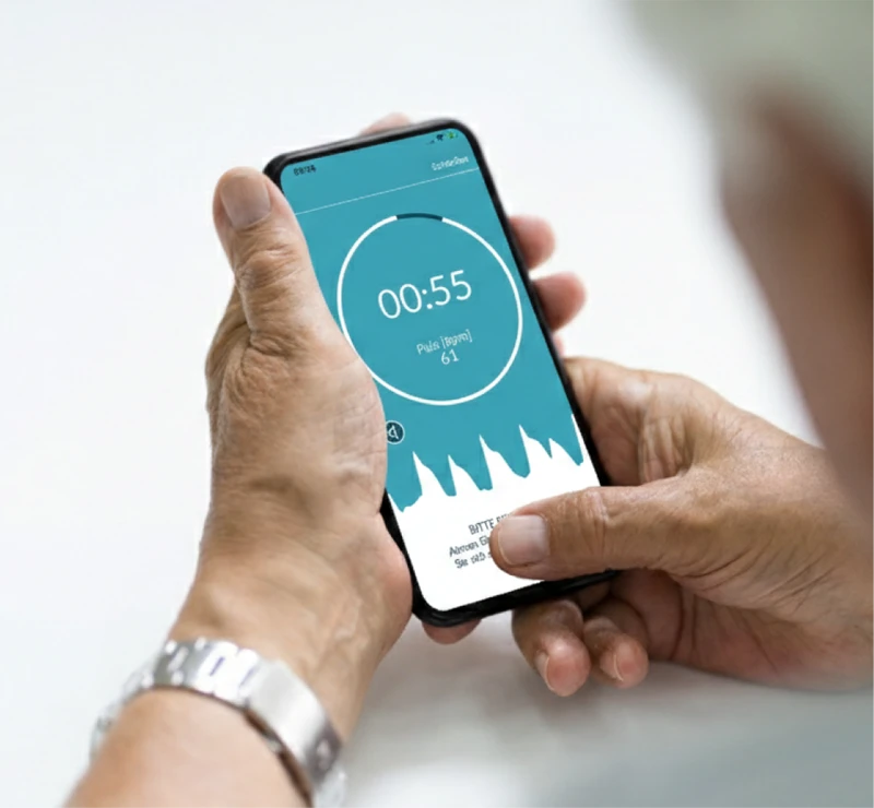 Person misst den Herzrhythmus mit der Preventicus App auf dem Smartphone