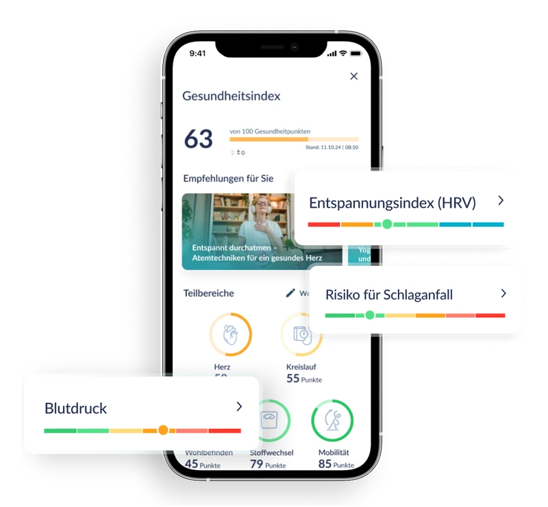 Gesundheitsindex in der Preventicus-App mit Blutdruck-, HRV- und Schlaganfall-Risikoanzeige.