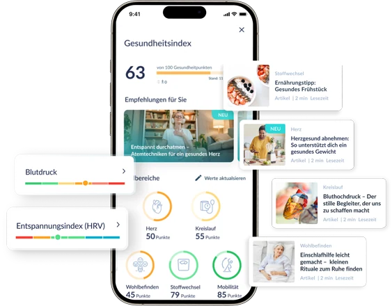 Preventicus-App mit Gesundheitsindex, Teilbereichen und individuellen Empfehlungen für Herz und Wohlbefinden.