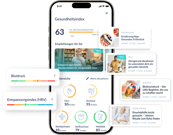 Smartphone mit Preventicus 360° Gesundheitsindex und Empfehlungen für Herzgesundheit