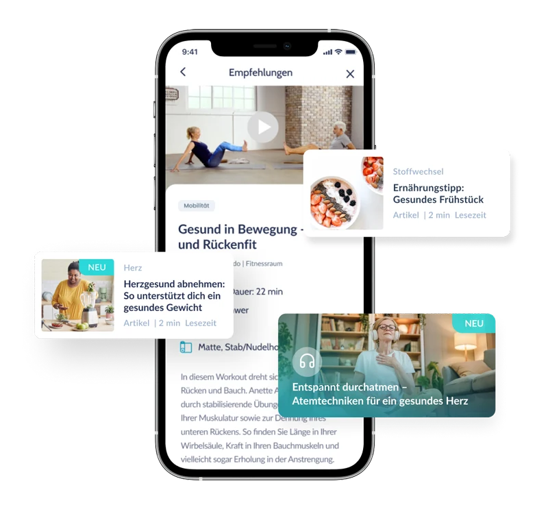 Empfehlungsbereich der Preventicus-App mit Gesundheitsartikeln und Übungen zu Bewegung, Ernährung und Entspannung.