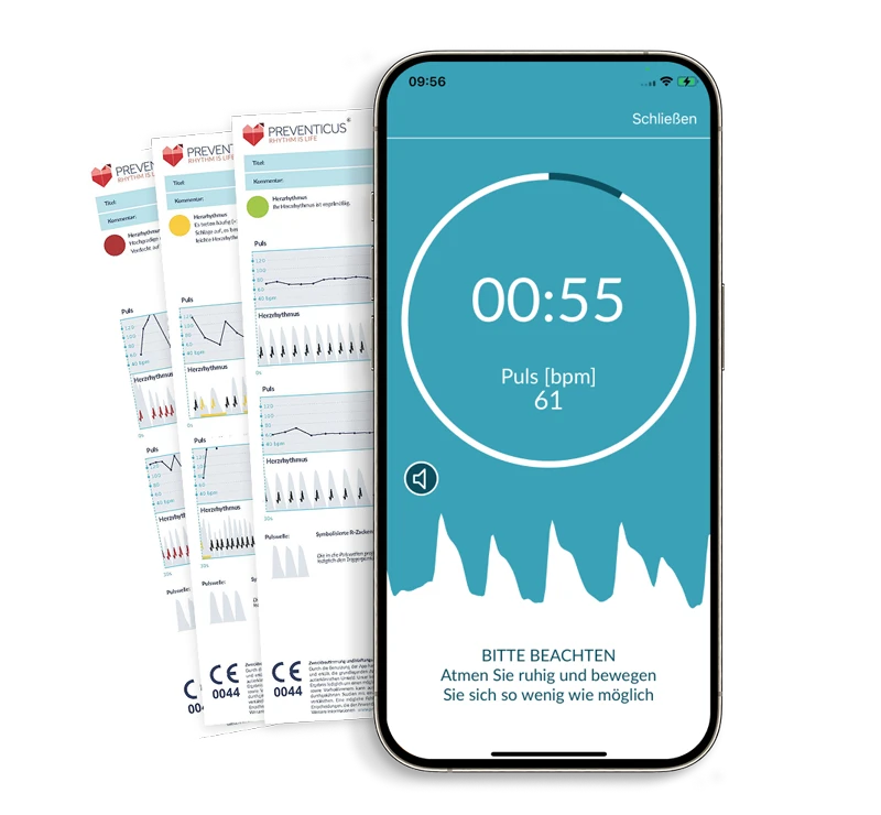Smartphone mit laufender Herzrhythmusmessung in der Preventicus-App und eingeblendeten PDF-Analyseberichten.