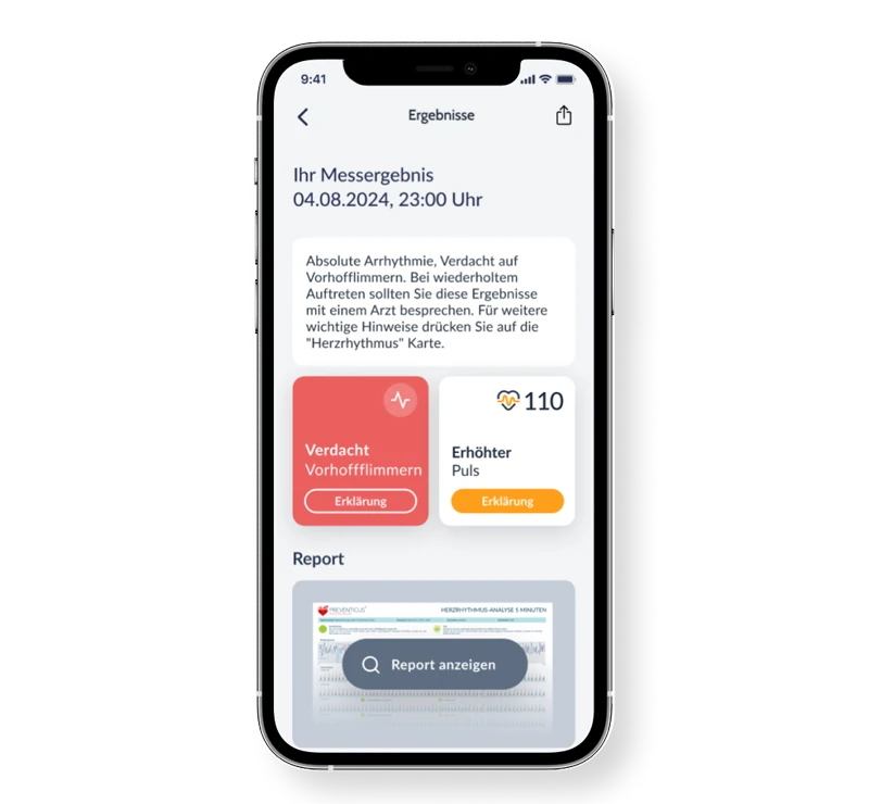 Preventicus-App mit Messergebnis zu Verdacht auf Vorhofflimmern und erhöhtem Puls inklusive Reportansicht.
