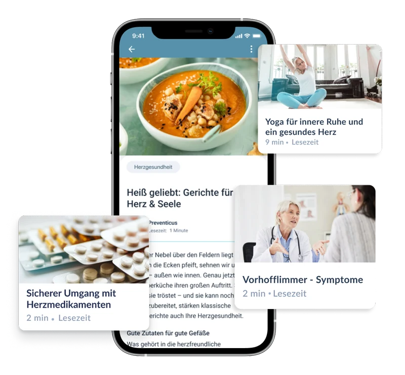 Gesundheitsartikel in der Preventicus-App zu Ernährung, Herzmedikamenten, Yoga und Vorhofflimmern.