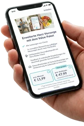 Smartphone zeigt das Preventicus Premium-Paket für erweiterte Herzvorsorge.